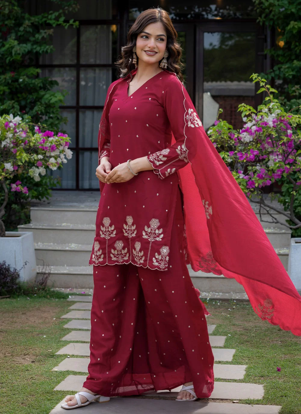 Lovely Red Chinon Palazzo Salwar Suit